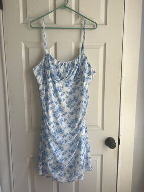 Blue White Floral Mini Dress XL | Cottagecore Slip Dress Ruched Summer Dress